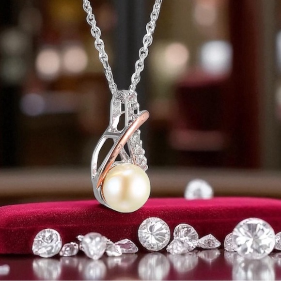 KAY Jewelers Pearl & Sapphire Crossover Necklace Stamped 925S& 10K Rose Gold - Picture 1 of 4